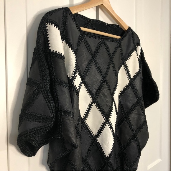 Vintage 80s suede patchwork knit short sleeve top / S-M - Picture 3 of 11